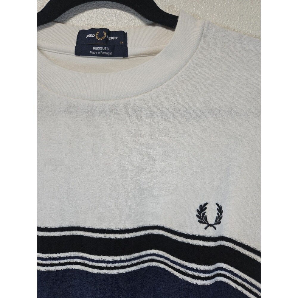 Fred Perry Reissues Striped Towelling Terry Cloth Tee White Navy Mens Sz XL